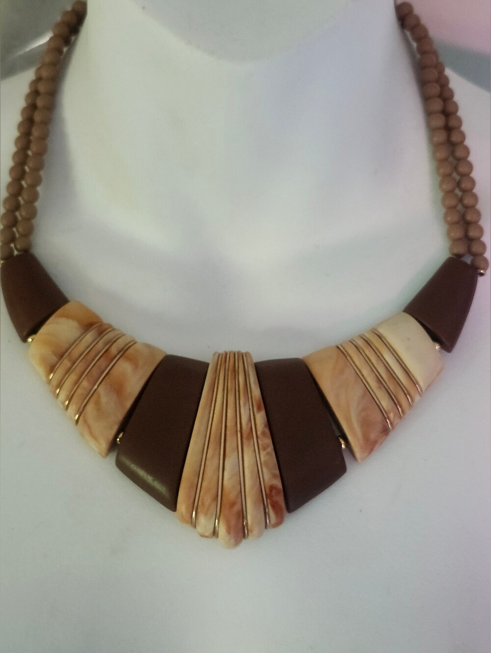 Vtg Napier "Woodland Hues" Statement Brown & Cream Bib Necklace 1985 Bookpiece